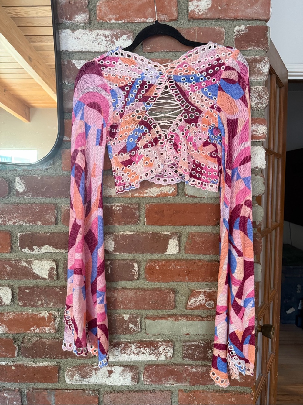 Free People Pink Multi-Color Crochet Lace-Up Crop Top